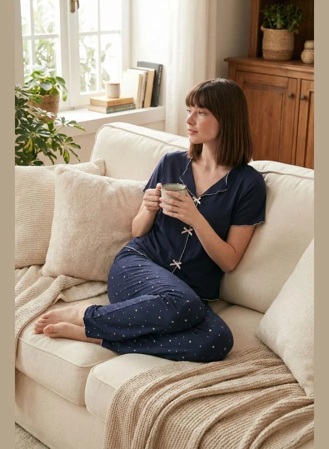 ليلا Lela Patterned Standard Fit Short-Sleeved Pajama Set with Ribbon Detail Women's PAJAMA SET 6091435